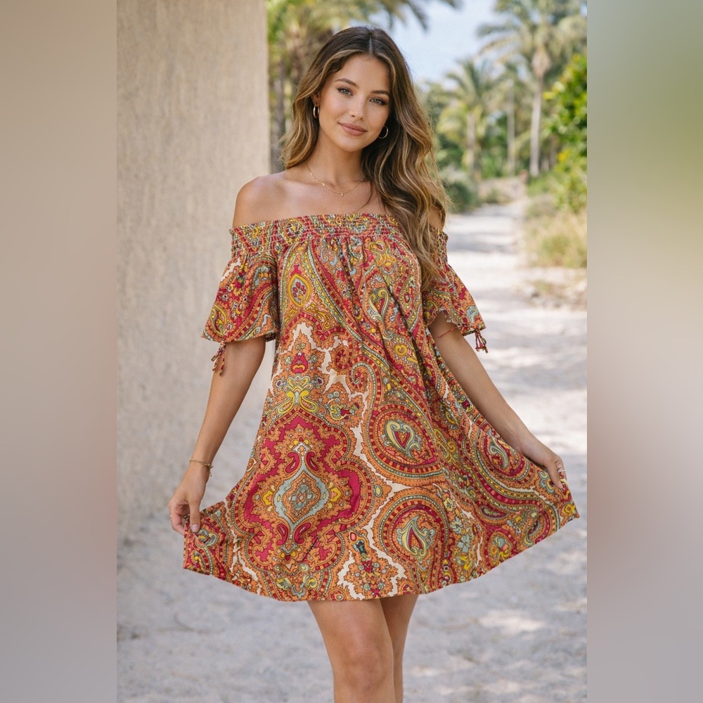 Laundry by Shelli Segal Boho Paisley Off Shoulder Spring Summer Vacation Dress 4